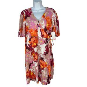 Destination Maternity Floral Wrap Dress S Flutter Sleeve Orange Pink V-Neck